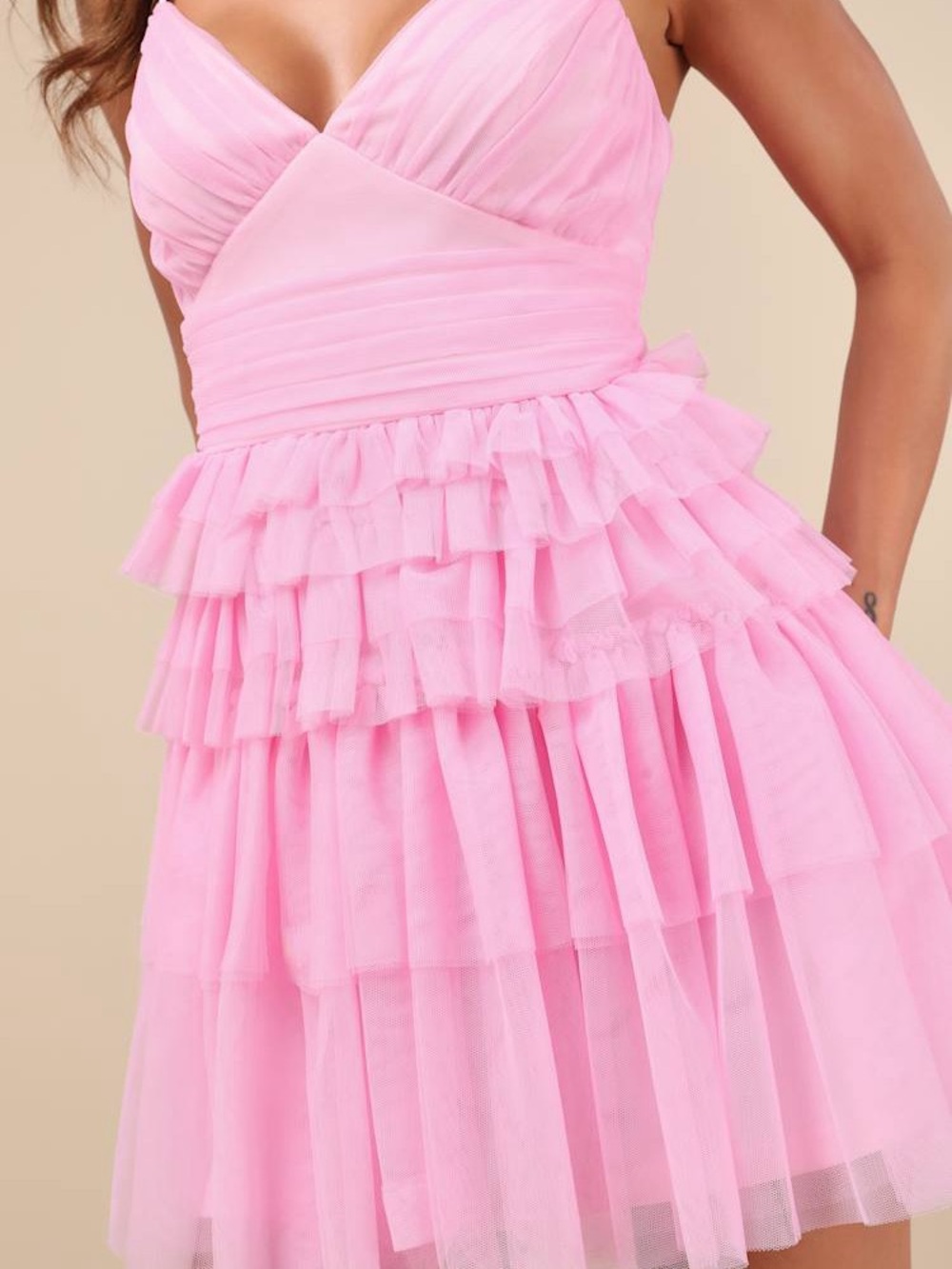 Lulus Special Poise Pink Tulle Pleated Sleeveless Tiered Mini Dress Size XL NWT - Picture 3 of 15